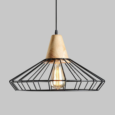 Camille Industrial Cage Pendant Light with Wooden Accent