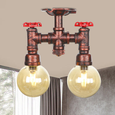 Plafonnier double chasse Elise en verre ambré et cuivre