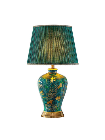 Retro Green Ceramic Table Lamp with Fabric Shade for Bedroom Living Room
