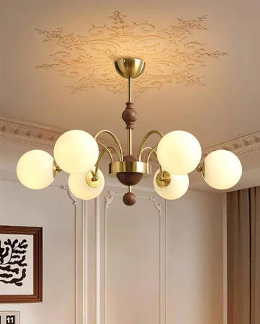 Margaux Chandelier, abat-jours en verre opale avec structure en bois et métal