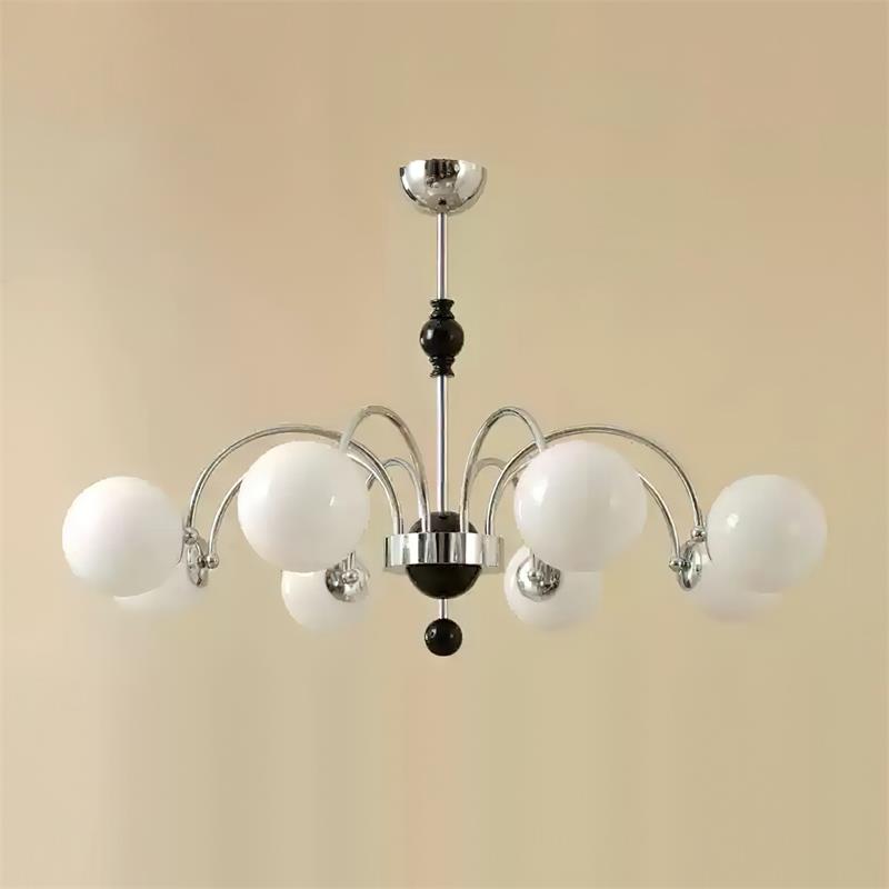 Margaux Chandelier, Opal Glass Shades with Wood and Metal Frame