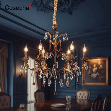 Lustre Isabelle en cristal doré pour salles à manger et espaces de vie