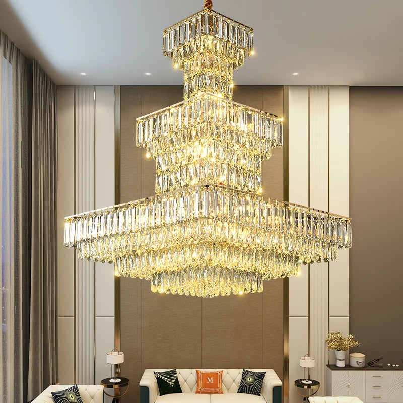 Long Hollow Crystal Staircase Pendant Chandelier for Duplex Hall