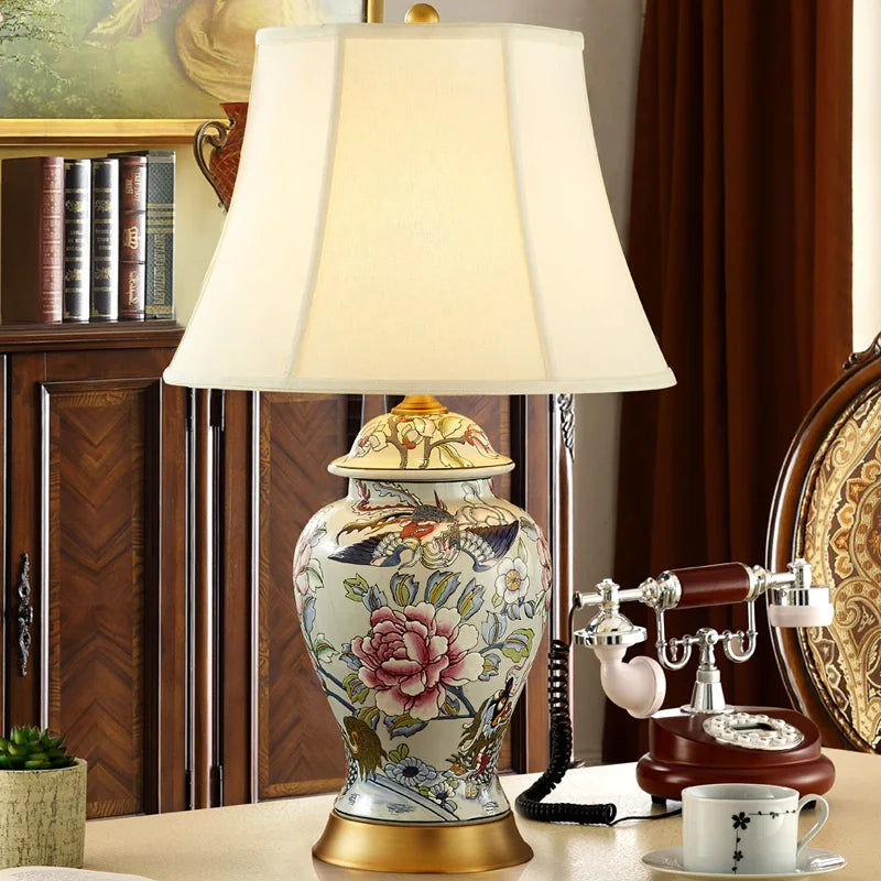 Neoclassical Ceramic Table Lamp with Fabric Shade for Bedroom and Living