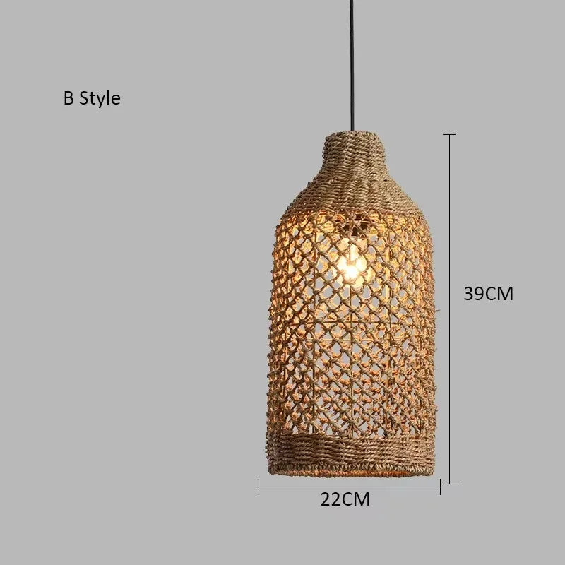 Élise Japanese Rattan Pendant Light E27 Woven LED Chandelier Beige