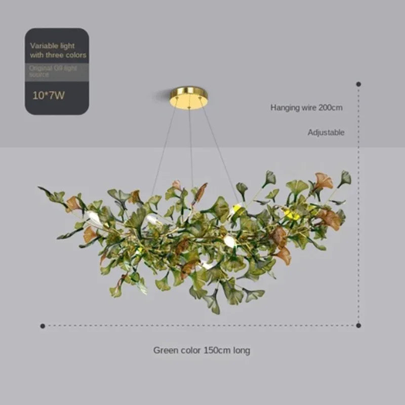 Lustre de luxe en forme de feuille de ginkgo et de branche en verre