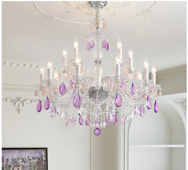 Lustre moderne en cristal clair violet, lustre en cristal, bougie décorative 6 bras, lustres de cristal, lustre AC garanti