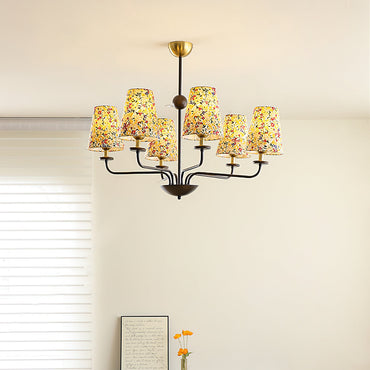 Camille Fabric Chandelier, Floral Shades with Metal Frame