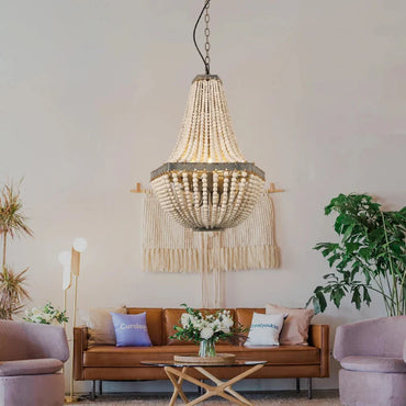 Camille Suspension Perles Bois Cascade Plafonnier Rustique