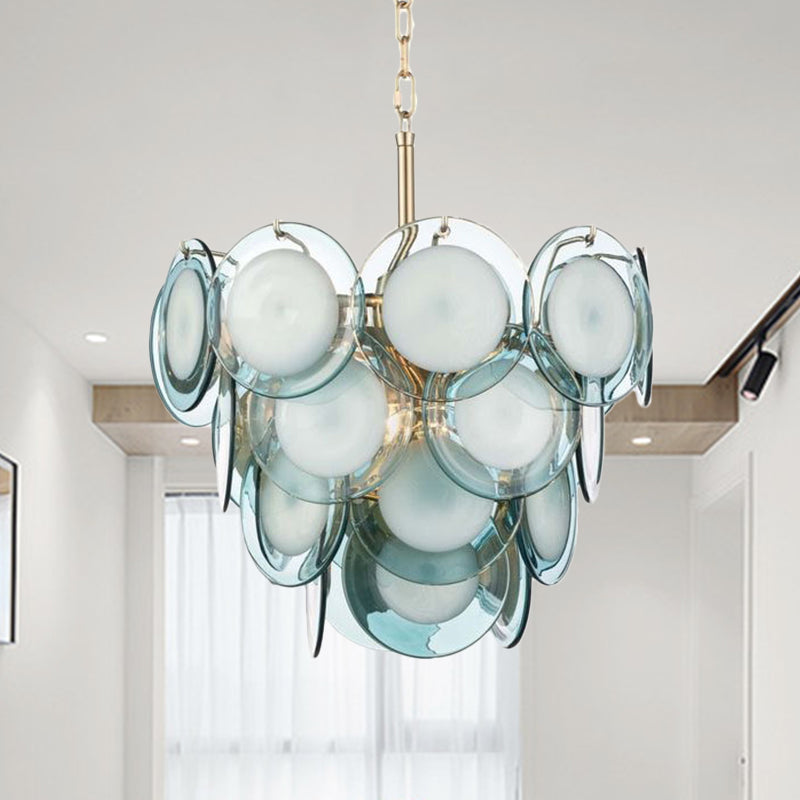 Lustre à pampilles étagé en verre flammé bleu Élodie à 8 lumières