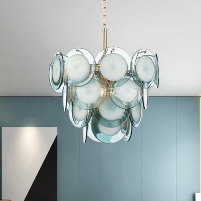 Lustre à pampilles étagé en verre flammé bleu Élodie à 8 lumières