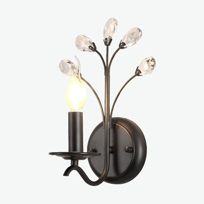 Single-Bulb Candle Wall Sconce Farmhouse Black Metal Wall Light with Crystal Twig