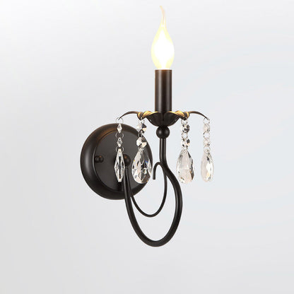 Single-Bulb Candle Wall Sconce Farmhouse Black Metal Wall Light with Crystal Twig