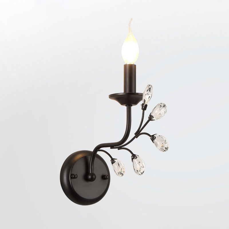 Single-Bulb Candle Wall Sconce Farmhouse Black Metal Wall Light with Crystal Twig