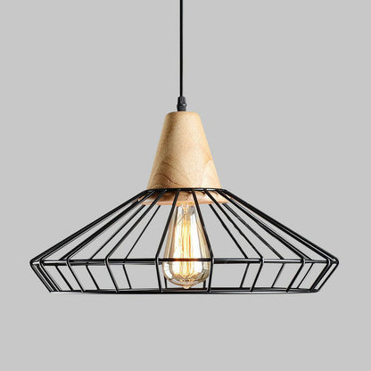 Camille Industrial Cage Pendant Light with Wooden Accent