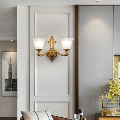 Élise Brass Wall Mount Light with White Ribbed Glass Bell Shade