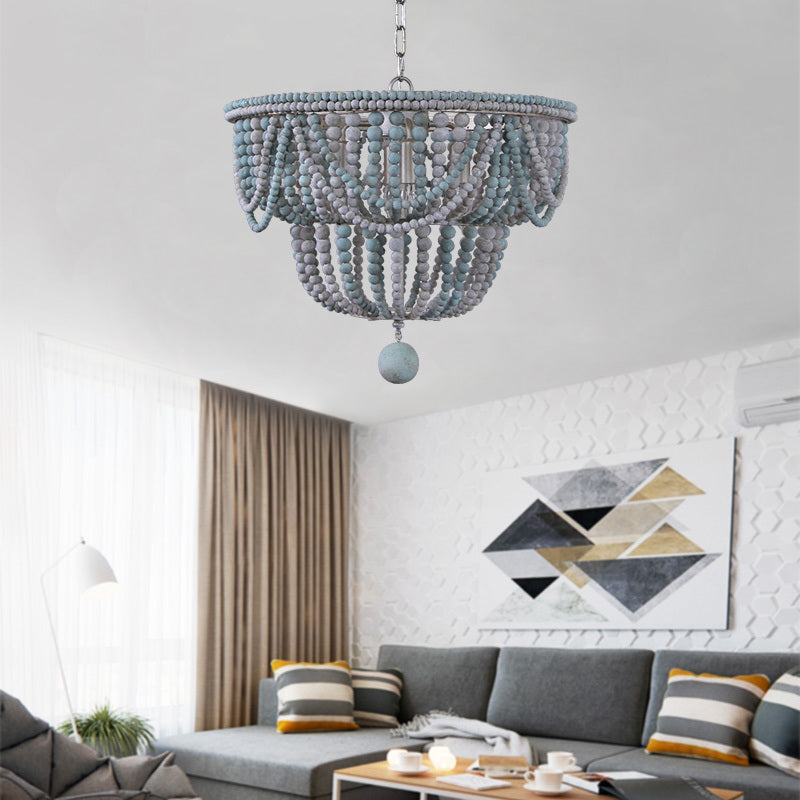 Lustre Anaïs à 2 niveaux en bois bleu et gris