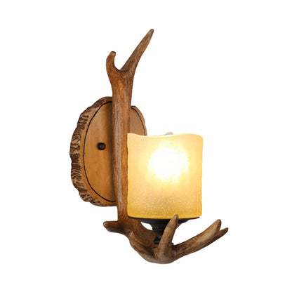 Applique Murale Aimée Rustique Bois et Verre Dépoli avec Bois de Cerf