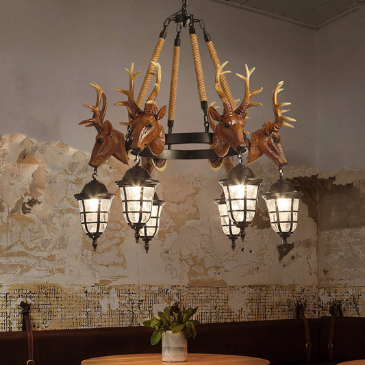 Lustre suspendu Bellerive Rustic avec tête de cerf et roue de chariot