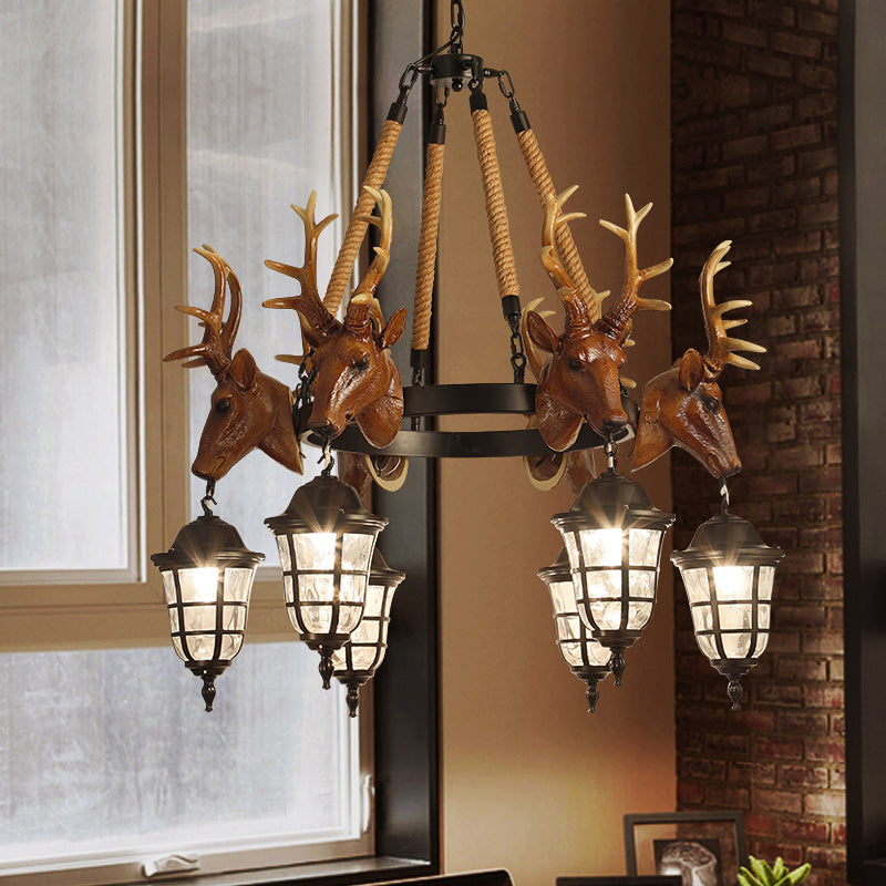 Lustre suspendu Bellerive Rustic avec tête de cerf et roue de chariot