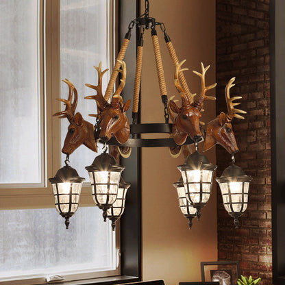 Lustre suspendu Bellerive Rustic avec tête de cerf et roue de chariot