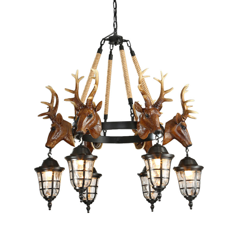 Lustre suspendu Bellerive Rustic avec tête de cerf et roue de chariot