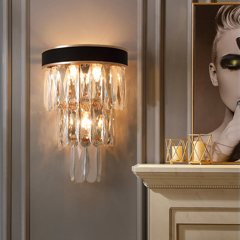 Camille Minimalist 3-Tier Crystal Flush Wall Sconce Black