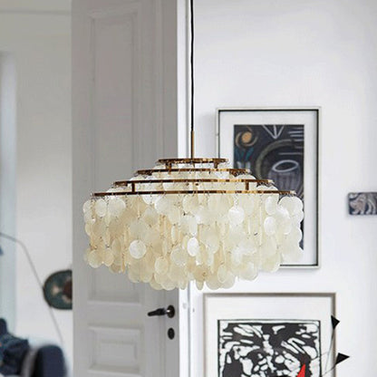 Suspension Aurélie 6 lumières avec abat-jour coquille blanc vintage