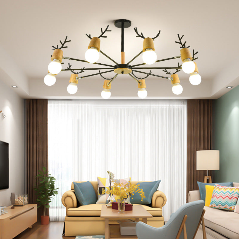 Lustre Sophie Sputnik en Bois et Bois de Cerf Noir 6/10 Lumières