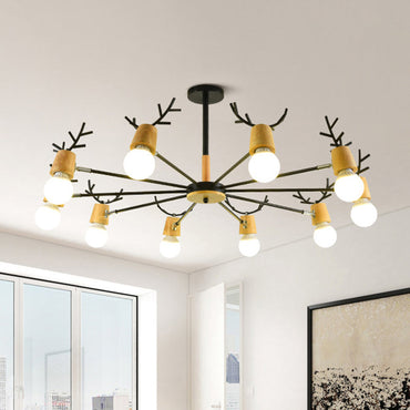 Lustre Sophie Sputnik en Bois et Bois de Cerf Noir 6/10 Lumières