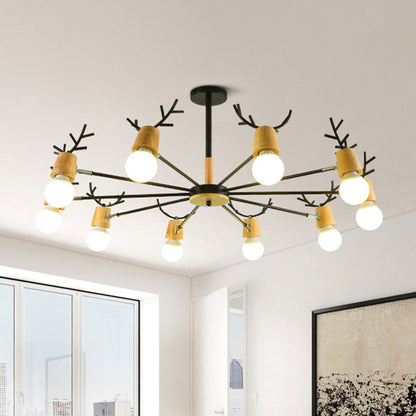 Lustre Sophie Sputnik en Bois et Bois de Cerf Noir 6/10 Lumières