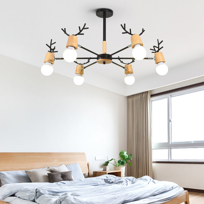 Lustre Sophie Sputnik en Bois et Bois de Cerf Noir 6/10 Lumières