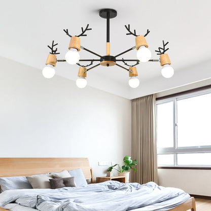 Lustre Sophie Sputnik en Bois et Bois de Cerf Noir 6/10 Lumières