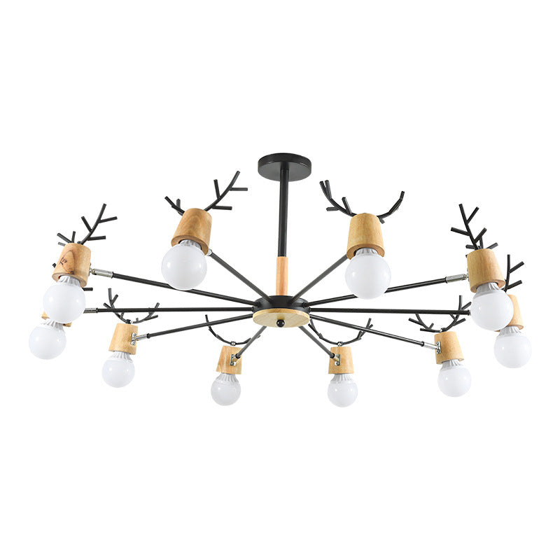 Lustre Sophie Sputnik en Bois et Bois de Cerf Noir 6/10 Lumières