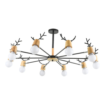 Lustre Sophie Sputnik en Bois et Bois de Cerf Noir 6/10 Lumières