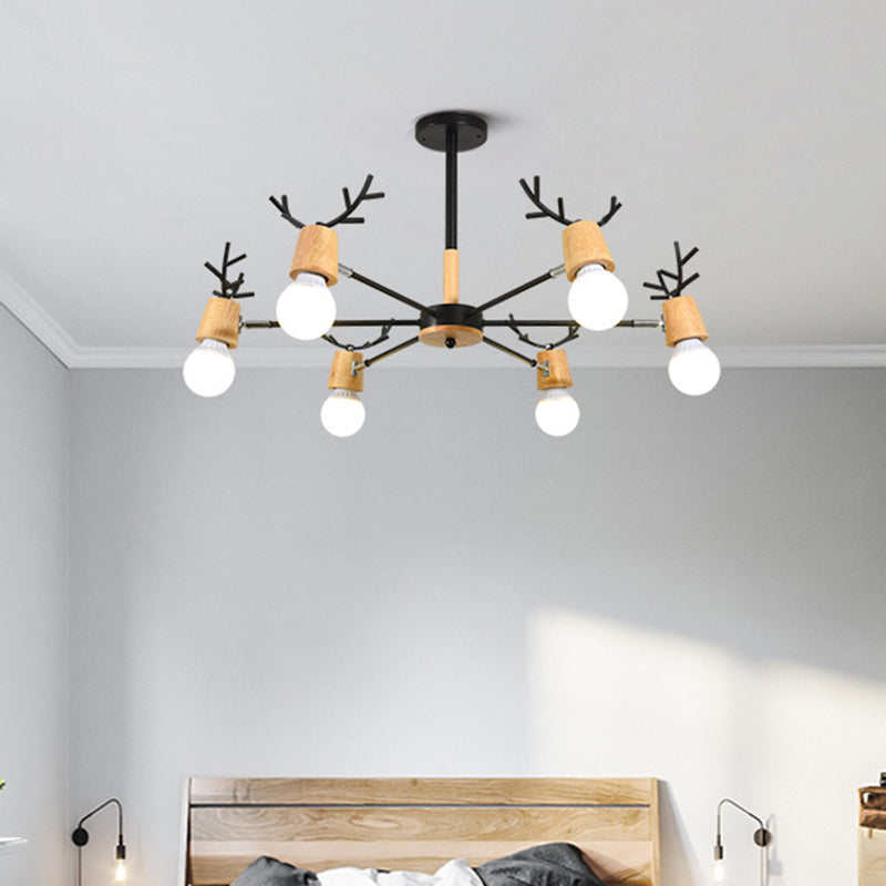 Lustre Sophie Sputnik en Bois et Bois de Cerf Noir 6/10 Lumières
