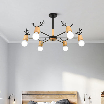 Lustre Sophie Sputnik en Bois et Bois de Cerf Noir 6/10 Lumières