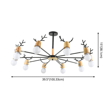 Lustre Sophie Sputnik en Bois et Bois de Cerf Noir 6/10 Lumières