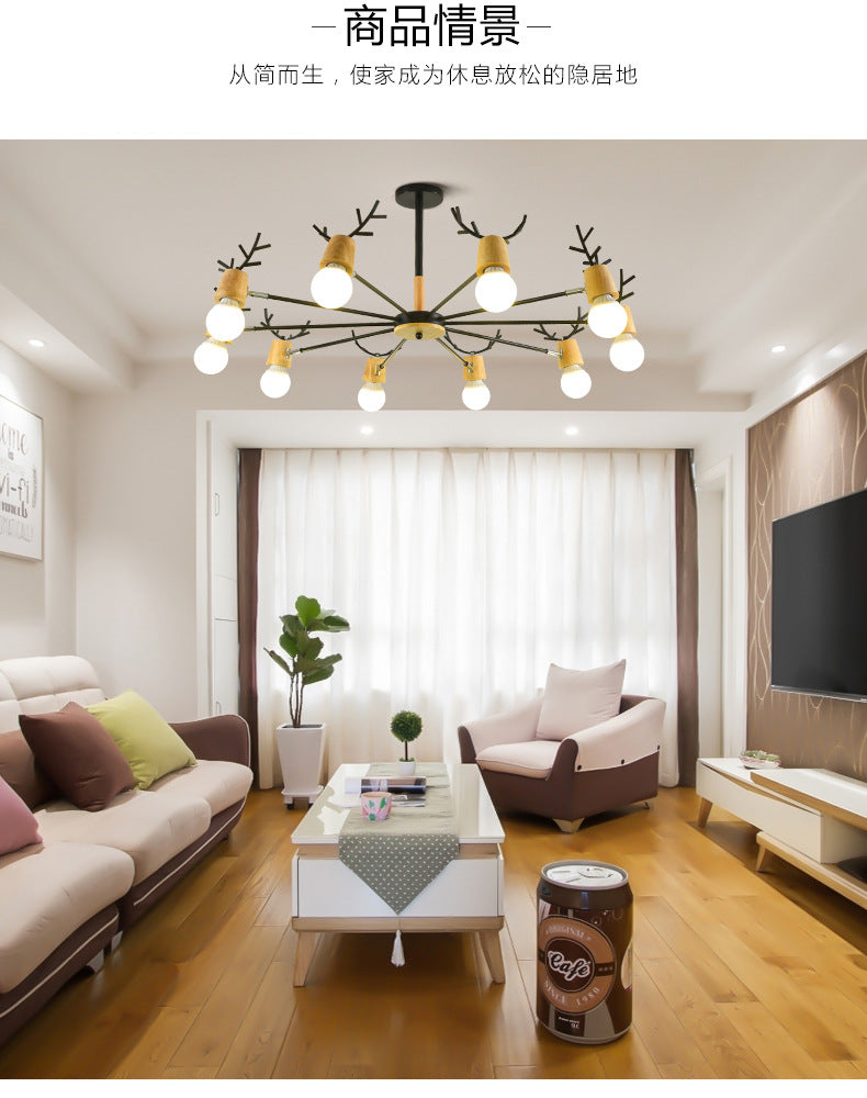 Lustre Sophie Sputnik en Bois et Bois de Cerf Noir 6/10 Lumières