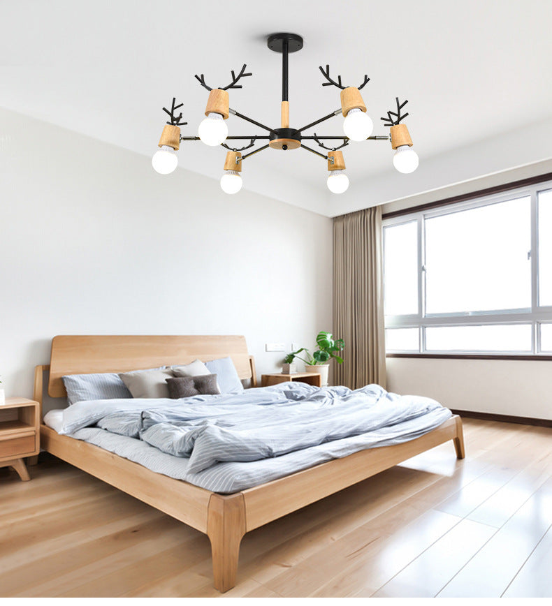 Lustre Sophie Sputnik en Bois et Bois de Cerf Noir 6/10 Lumières