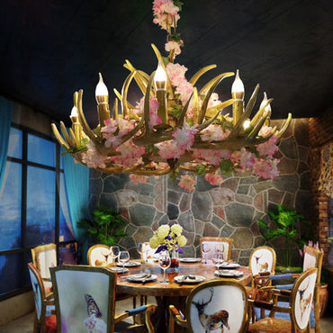 Élodie Pink Antler Resin Chandelier with Blossom Design