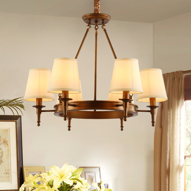 Suspension Sophie en laiton antique avec abat-jour conique en tissu