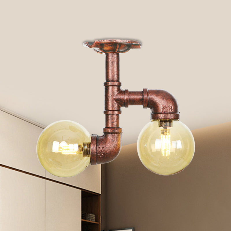 Elise Amber Glass Copper Dual Flush Ceiling Light
