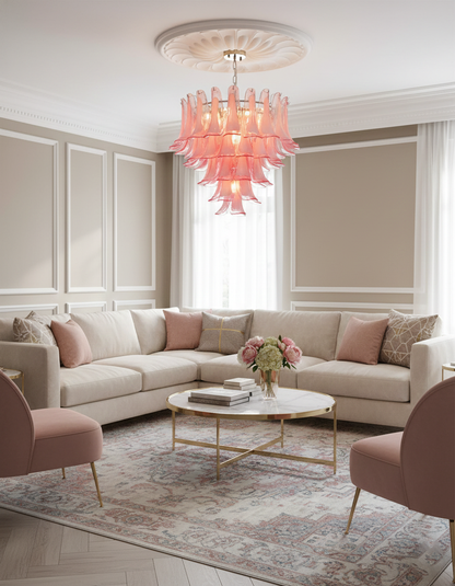 Lustre floral Émilienne, pétales de verre superposés avec structure métallique