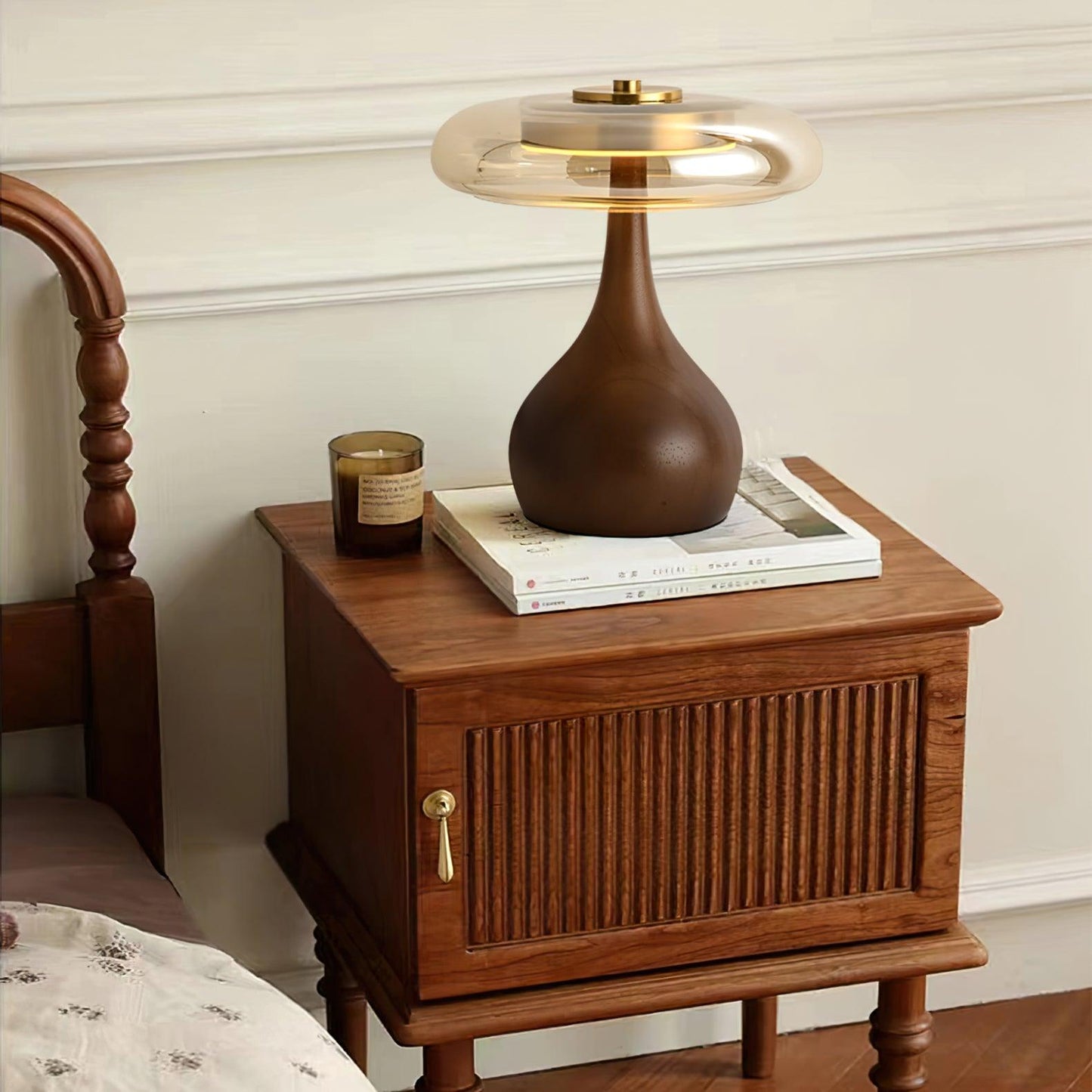 Élise Glass Table Lamp with Wooden Base and LED Dimmer
