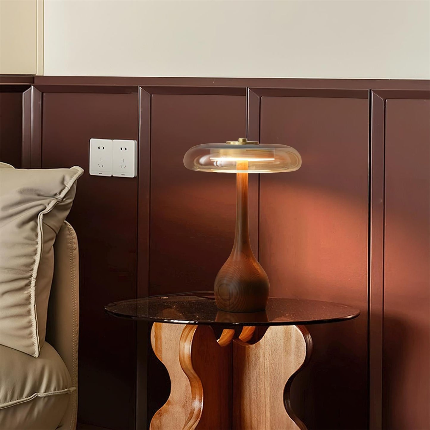 Élise Glass Table Lamp with Wooden Base and LED Dimmer