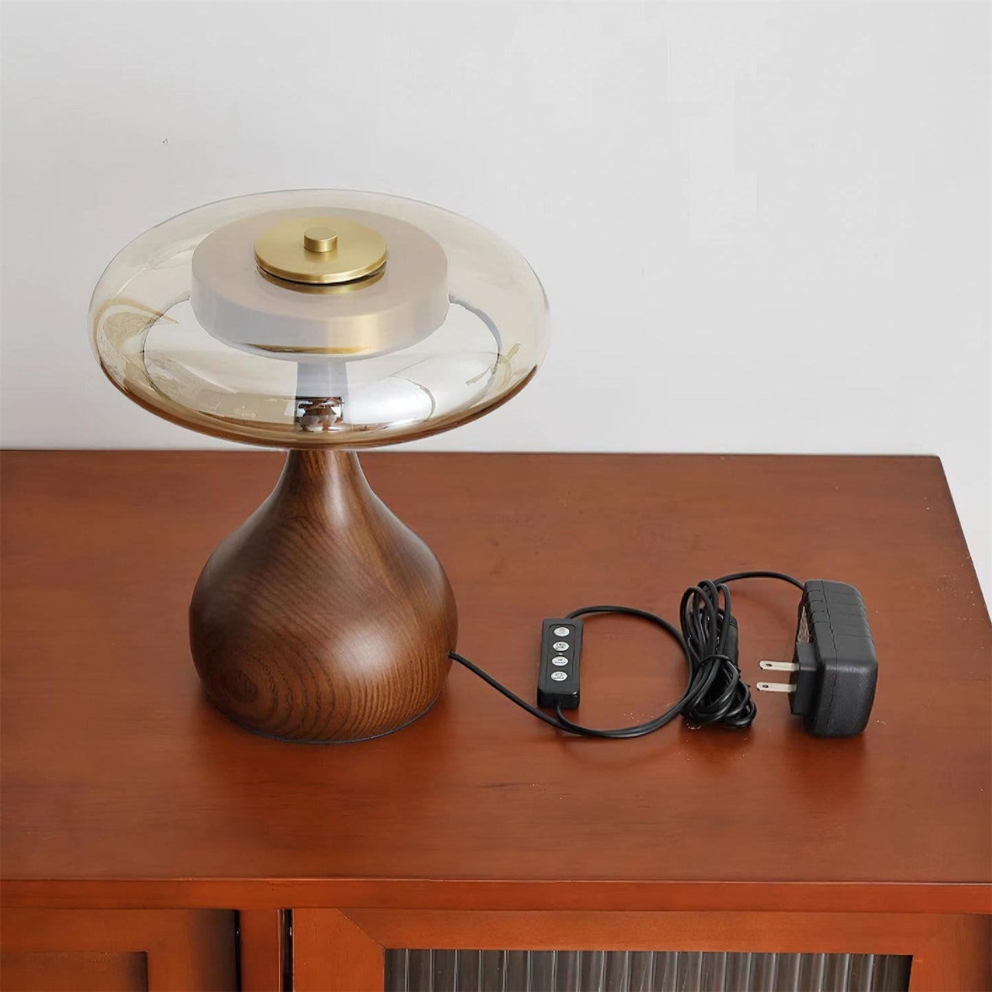 Élise Glass Table Lamp with Wooden Base and LED Dimmer