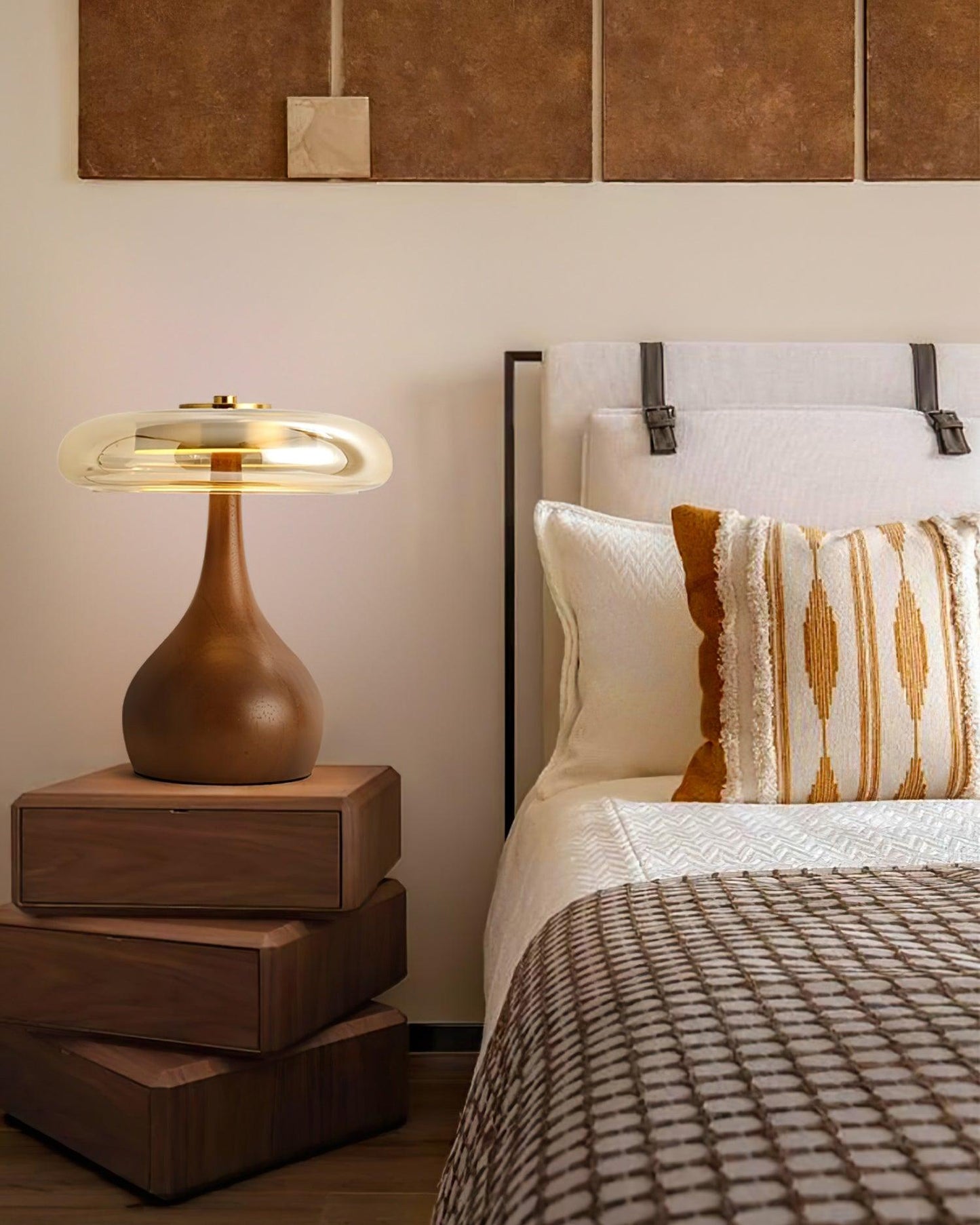 Élise Glass Table Lamp with Wooden Base and LED Dimmer