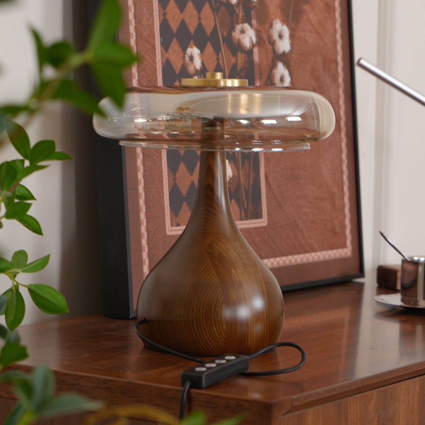 Élise Glass Table Lamp with Wooden Base and LED Dimmer