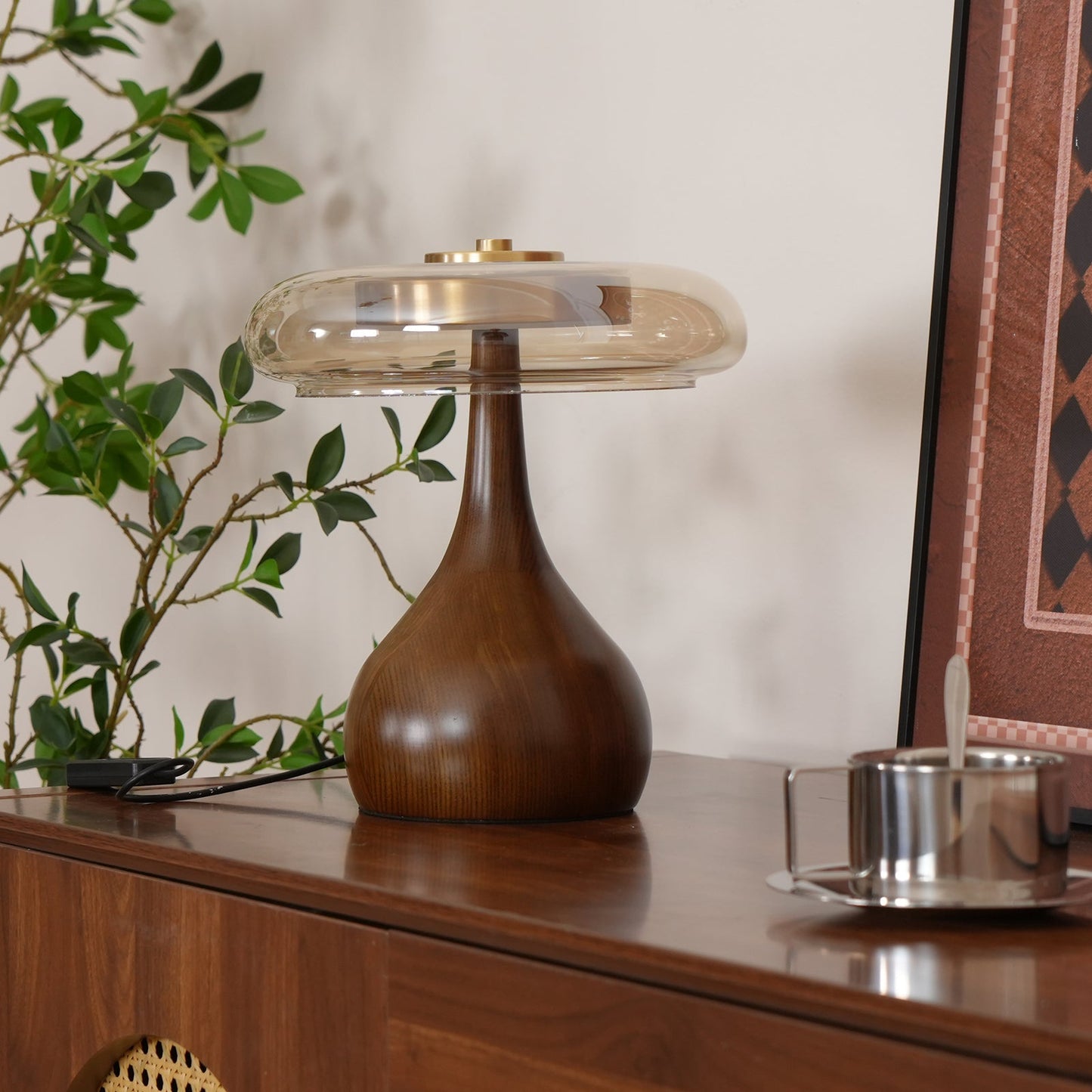 Élise Glass Table Lamp with Wooden Base and LED Dimmer